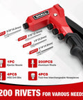 One Handed Rivet Gun Kit With 200 Pop Rivets And 4 Interchangeable Nosepieces 4 HSS Drill Bits Carrying Case For Auto Body Furniture And Sheet Metal Repair DIY Friendly Pro Grade showing rivet sizes and components.