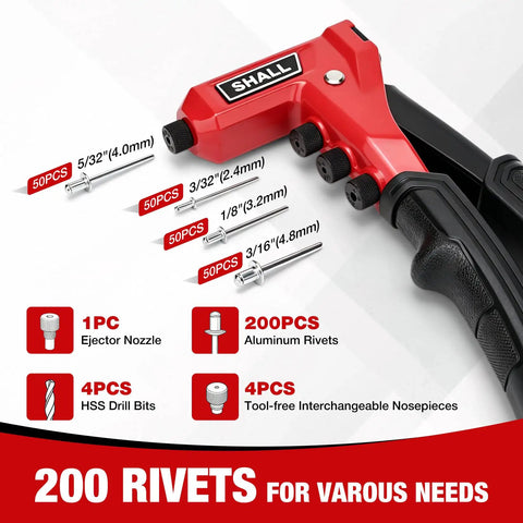 One Handed Rivet Gun Kit With 200 Pop Rivets And 4 Interchangeable Nosepieces 4 HSS Drill Bits Carrying Case For Auto Body Furniture And Sheet Metal Repair DIY Friendly Pro Grade showing rivet sizes and components.