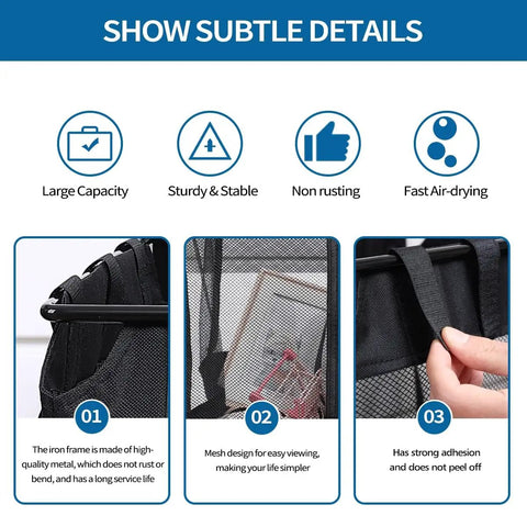 Three close-up views of Two Pack Large Mesh Slatwall Baskets With Zipper For Mounted Storage, showing mesh design and durability features.