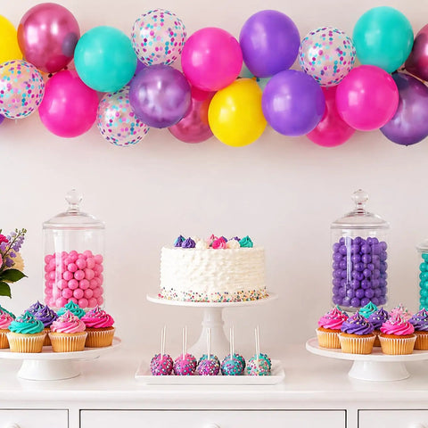 Hot Pink Purple Blue Confetti Balloons 12 Inch Set Of 56 Latex Party Balloons for Girls Birthday Decor above dessert table