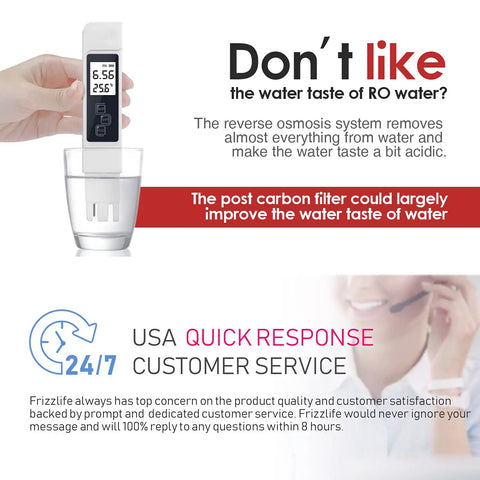 Inline Post Water Filter Removes Chlorine And VOCs Improves Taste With Quick Connect for 1/4 or 3/8 inch tubing with digital meter.