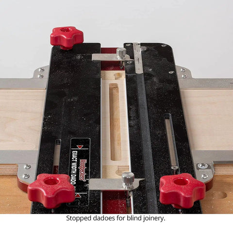Hook Up This Premium Shop Tested 32 Inch Router Dado Jig And Dial Dead On Grooves Any Day With Its Exact Width System And Chunky Clamping Pad For Easy Routing close-up of router dado jig showing red clamping knobs and exact width cutting setup.