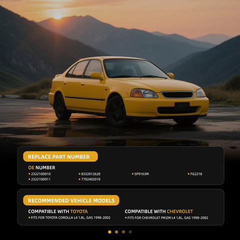 Yellow car in a mountain setting, compatible models for Drop In Electric Fuel Pump Module With Sending Unit For Toyota Corolla 1998-2002 1.8L L4 Gas, Fits Chevrolet Prizm 1998-2002 1.8L L4, OE Replacement 232210D010 232210D011 FG2218 SP9163M listed below.