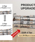 Heavy Duty Black Metal Shoe Rack With Four Tiers And Three Rows, Holds Up To 30 Pairs Of Sneakers displayed with shoes organized.