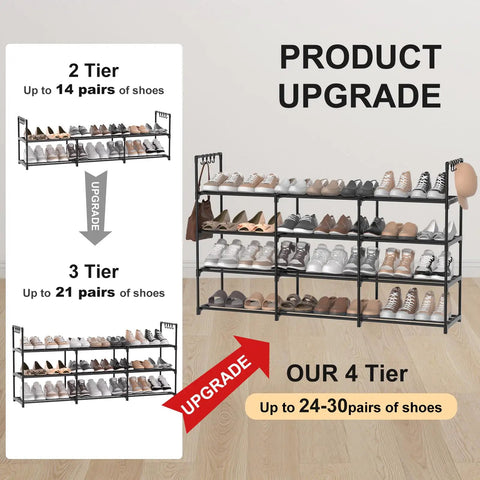 Heavy Duty Black Metal Shoe Rack With Four Tiers And Three Rows, Holds Up To 30 Pairs Of Sneakers displayed with shoes organized.