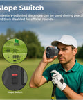 Golfer using Golf Range Finder With Slope Switch On Off 1200 Yards Laser Range Finder Flag Lock Vibration 6x Magnification Side Display