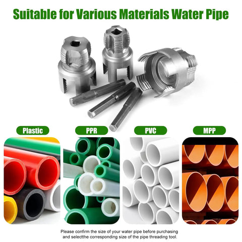 Dual Action PVC Pipe Threading Tool Kit With Internal And External Threads For Half Inch Three Quarter Inch And One Inch PVC Pipes Includes Extension Bar Sealing Tape And Gloves For Quick And Easy Threading And Leak Free Joints with various pipe materials shown