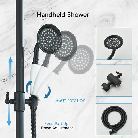 Matte Black Outdoor Shower System With 8 Inch Rain Shower Head, Handheld Spray, Tub Spout, Two Cross Handles, Wall Mounted Faucet Set, Solid Brass Construction For Bathroom Or Backyard showing 360° rotating handheld spray with hose and adjustment knob.