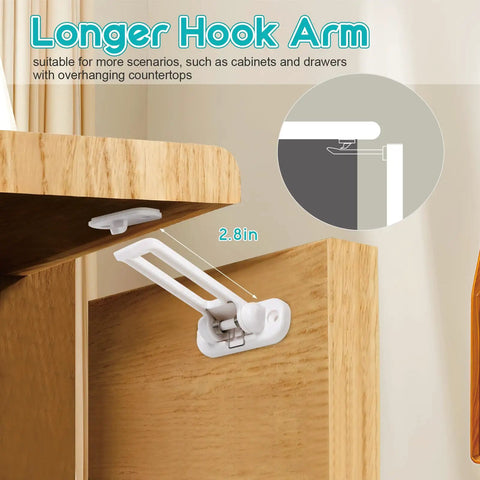 Hidden Adhesive Cabinet Locks For Baby Proofing No Drill Safety Latches with 2.8 inch hook arm on wood cabinet