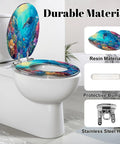 Elongated Toilet Seat Slow Close Home Bathroom with colorful resin design and stainless steel hinges on a white toilet.