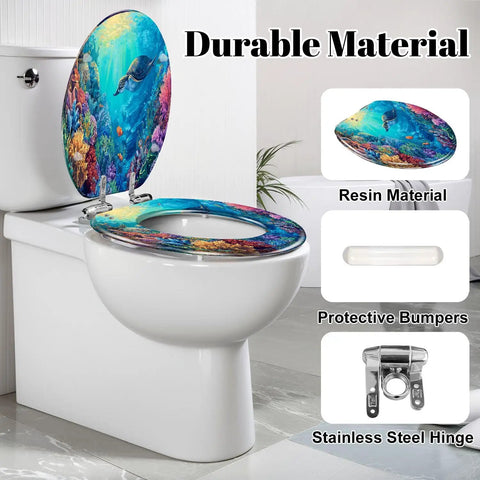 Elongated Toilet Seat Slow Close Home Bathroom with colorful resin design and stainless steel hinges on a white toilet.