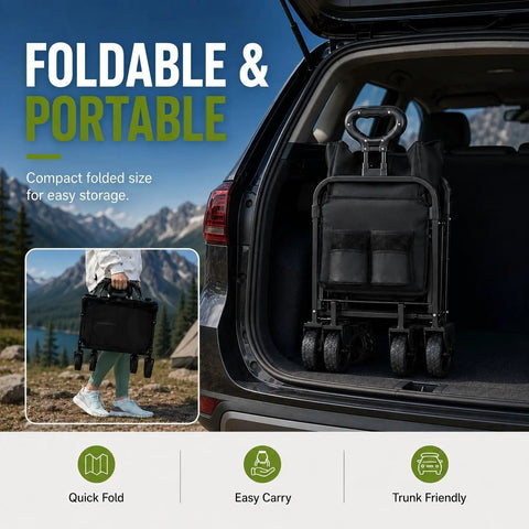 Foldable Wagon Cart With All Terrain Wheels in compact folded state inside car trunk, suitable for easy storage and transport.