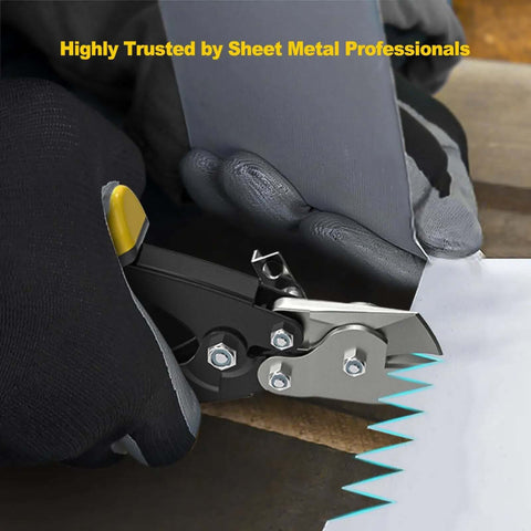 Sheet Metal Hand Notcher For Ductwork And HVAC Tools 30 Degree V Notch Cut in use cutting ductwork, ergonomic grip visible