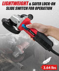 Avid Power angle grinder, red and black with grinding wheel, side view