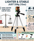 45 Inch Tripod Laser Level With Ultra Bright Green Cross Line And Thick Durable Casing For Indoor Outdoor Use, Easy Adjust Stand, Twice As Bright As Red Beams, Safe Certified Design For Precise Hanging And Framing. 45-inch tripod laser level on silver legs with green beam, indoor use
