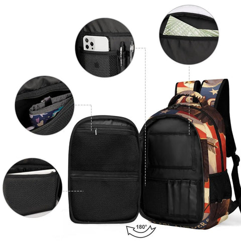 Interior view of Vintage American Eagle Printed Unisex Backpack with large capacity compartments and organizer pockets.