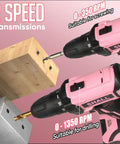 Pink Cordless Drill Driver 20V Kit With 2.0Ah Battery And Fast Charger For Women showing two-speed transmissions for screwing and drilling