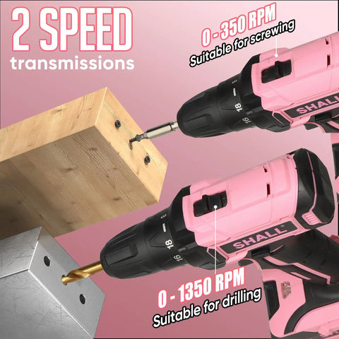 Pink Cordless Drill Driver 20V Kit With 2.0Ah Battery And Fast Charger For Women showing two-speed transmissions for screwing and drilling