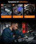 Symptoms of defective harmonic balancer shown, with engine vibrations, wobble, and transmission damage.