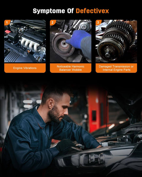 Symptoms of defective harmonic balancer shown, with engine vibrations, wobble, and transmission damage.