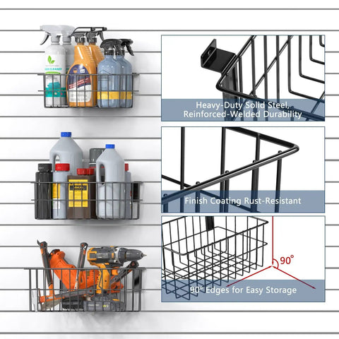 Slatwall Organization Kit With Nineteen Pieces In Seven Sizes For Garage And Shop Baskets And Hooks Set installed on a slat wall