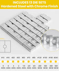 13 die sets for Beefy 16 Ton Hydraulic Wire Crimping Tool with Chrome Finish, sizes range 9 AWG to 600 MCM, copper aluminum wires.
