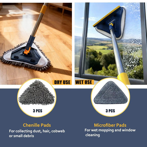 5-In-1 Wall Cleaning Mop With Long Reach Handle showing dry chenille pad on wood floor and wet microfiber pad on window