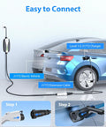 21 Foot J1772 EV Extension Cable For Level 1 And Level 2 Chargers, 40 Amp, 110V-240V Compatibility, Weatherproof IP66 Cord showing connection to EV
