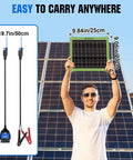 Person holding 7.5W 12V Solar Car Battery Charger and Maintainer with Waterproof Panel and connector cables visible