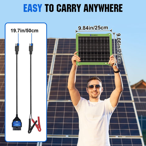 Person holding 7.5W 12V Solar Car Battery Charger and Maintainer with Waterproof Panel and connector cables visible