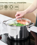 12 Quart Stock Pot With Lid Stainless Steel Large Pot For Cooking A Real Kitchen Workhorse shown on an induction stovetop