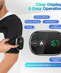 Cordless Shoulder Heating Pad And Massager With Heat And Vibration control panel showing temperature and settings on a shoulder wrap