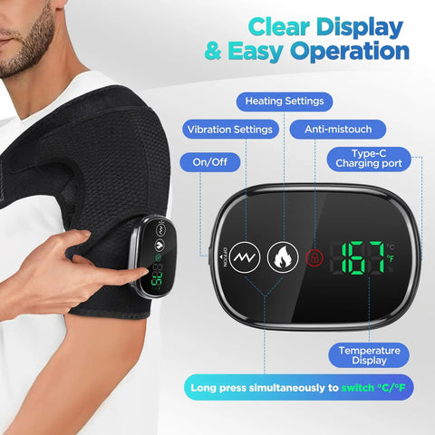 Cordless Shoulder Heating Pad And Massager With Heat And Vibration control panel showing temperature and settings on a shoulder wrap