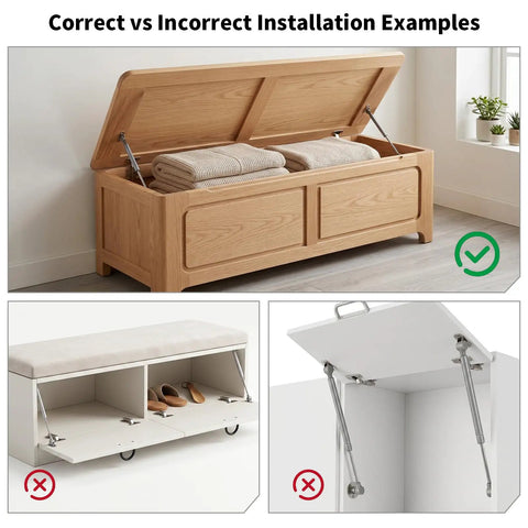Correct and incorrect installation of Two Pack Soft Close Toy Box Hinges With 150N Gas Strut Slow Close Safety Hinges For Heavy Curved Lids.
