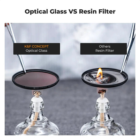 Comparison of K&F Concept optical glass filter vs resin filter with flame, showcasing 67mm UV CPL ND Lens Filter Kit quality.