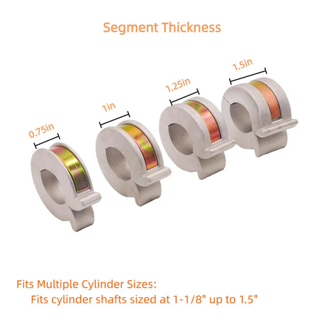 Universal Hydraulic Cylinder Stroke Reducer Clamp Kit For One Eighth Inch To One Half Inch Shafts With Thumb Tabs showing four sizes