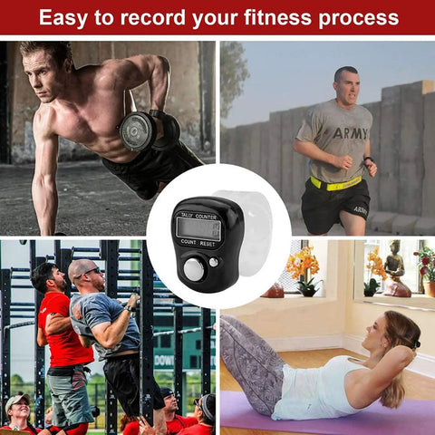 A Total Game Changer These Slick Four Pack Resettable Finger Tally Counters showing black digital counter and fitness activities images.