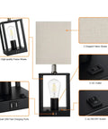 Two Bulb Farmhouse Bedside Lamp With USB Ports And AC Outlet Cozy Beige Fabric Shade Table Light details view with controls