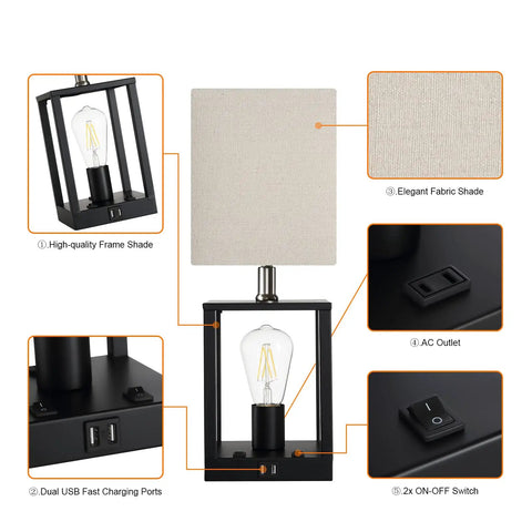 Two Bulb Farmhouse Bedside Lamp With USB Ports And AC Outlet Cozy Beige Fabric Shade Table Light details view with controls