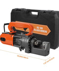 Powerful 1250W Electric Hydraulic Rebar Cutter With Pure Copper Motor And Stainless Carry Case showing tool and case dimensions.