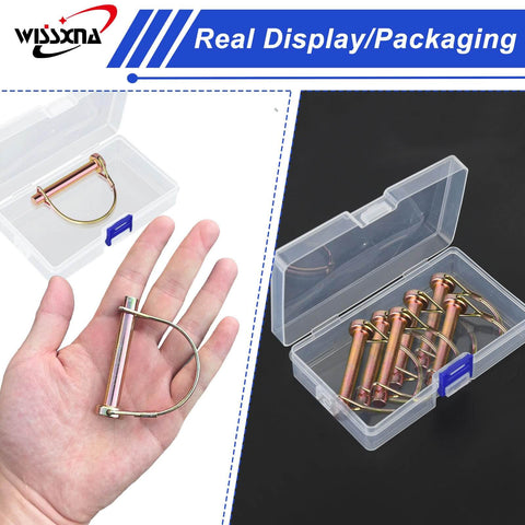 Six Piece Heavy Duty PTO And Hitch Lynch D Shape Pins Kit with Clip, shown in hand and packaging for 1/4 x 2-1/2 inch zinc plated steel.