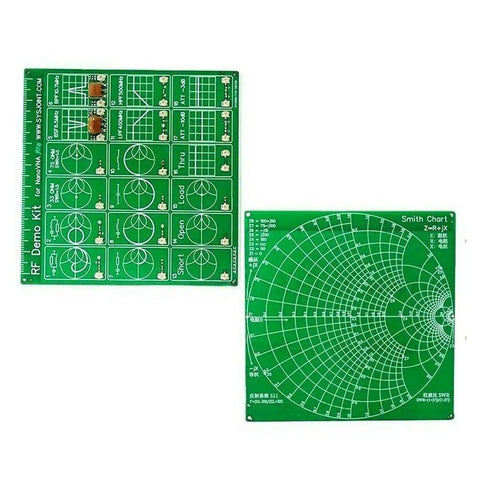 Filter Attenuator for RF Demo Kit and NanoVNA RF Tester Board with green PCBs and printed circuits, 100x100 mm.