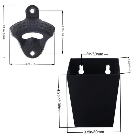 Heavy Duty Cast Iron Bottle Cap Opener Wall Mounted With Catcher Tray For Garage Bar Or Home Man Cave dimensions and design details.