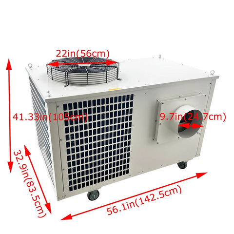 Heavy-Duty 61000 BTU Industrial Air Conditioner Blows Ice Cold For Garages And Warehouses. 220V 3-Phase portable unit dimensions shown.