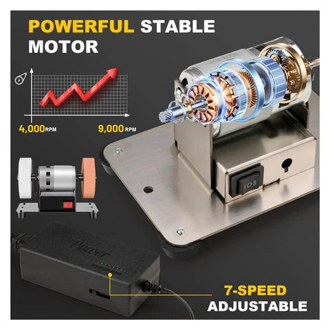 Powerful motor of Top-Tier Electric Bench Grinder With Dual Wheels For Polishing Metal, Wood And Knives, showing 7-speed adjustable settings.