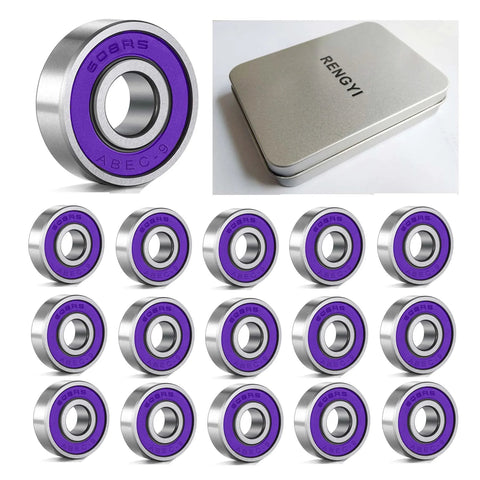 ABEC 9 Chrome Steel Skateboard Bearings 16 Pack for longboards skates scooters and roller skates purple color pre lubricated