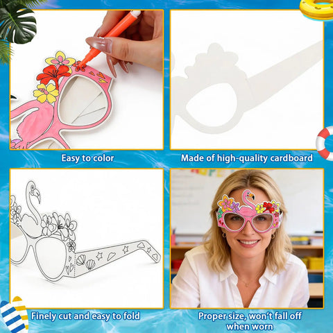 Bulk 32 Pairs Summer Craft Coloring Glasses Kit With 8 Funky Designs Hawaiian Luau Beach Party Theme DIY Decor shown in use