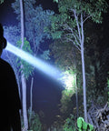 Rechargeable LED Headlamp with T6 Spotlight for Camping and Outdoor Adventures illuminating forest trees at night