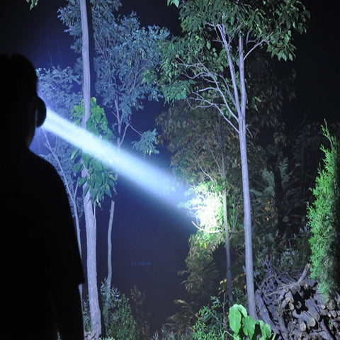 Rechargeable LED Headlamp with T6 Spotlight for Camping and Outdoor Adventures illuminating forest trees at night