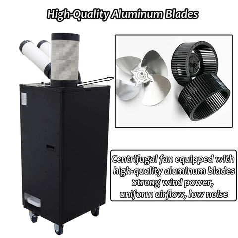Beat The Sweat Heavy Duty Portable Air Conditioner 15400 BTU with high-quality aluminum blades and centrifugal fan for efficient cooling.